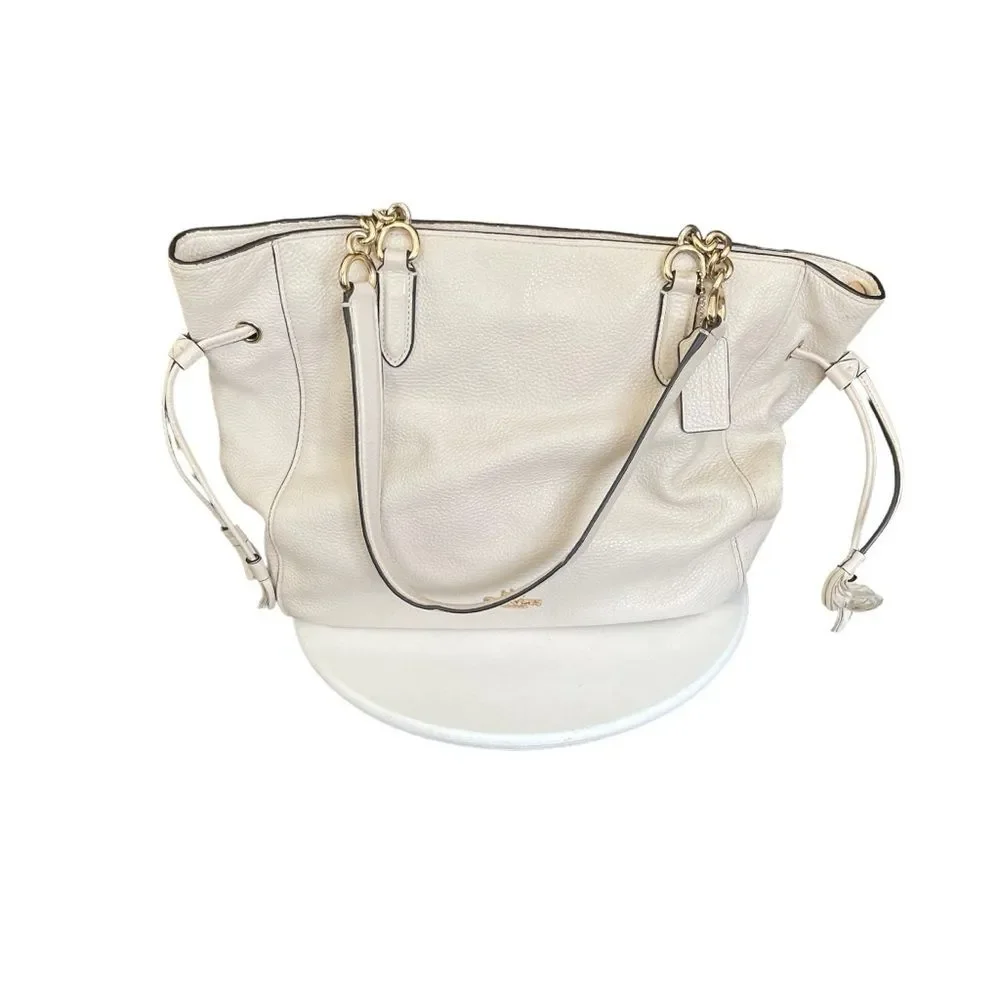 COACH ELLE LEATHER CHAIN TOTE SHOULDER BAG 72650 WHITE CHALK PEBBLE PURSE - Picture 4 of 13